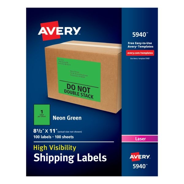 Avery High-Visibility Permanent Shipping Labels, 5940, 8 1/2" X 11", Neon Green, Pack Of 100