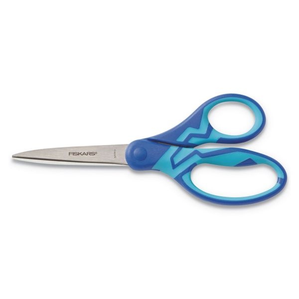 Fiskars Kids/Student Softgrip Scissors, Pointed Tip, 7" Long, 2.63" Cut Length, Blue Straight Handle