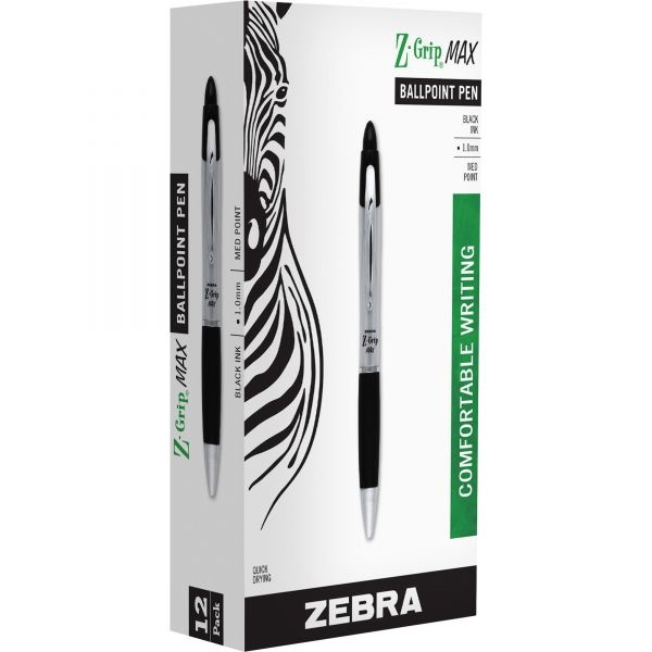 Zebra Z-Grip Max Ballpoint Pen, Retractable, Medium 1 Mm, Black Ink, Silver Barrel, 12/Pack