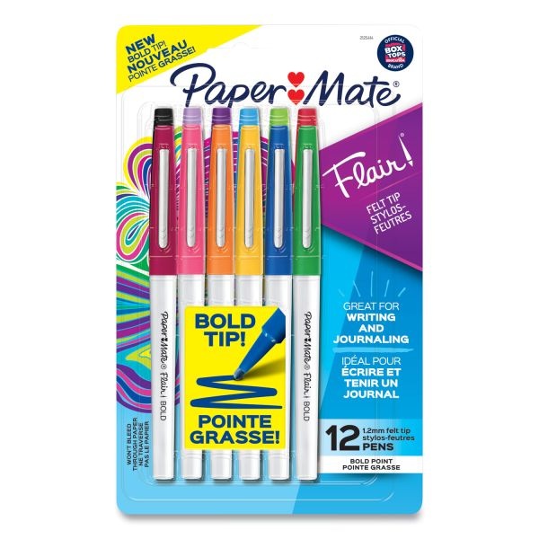 Paper Mate Flair Felt Tip Porous Point Pen, Stick, Bold 1.2 Mm, Assorted Ink Colors, White Pearl Barrel, 12/Pack