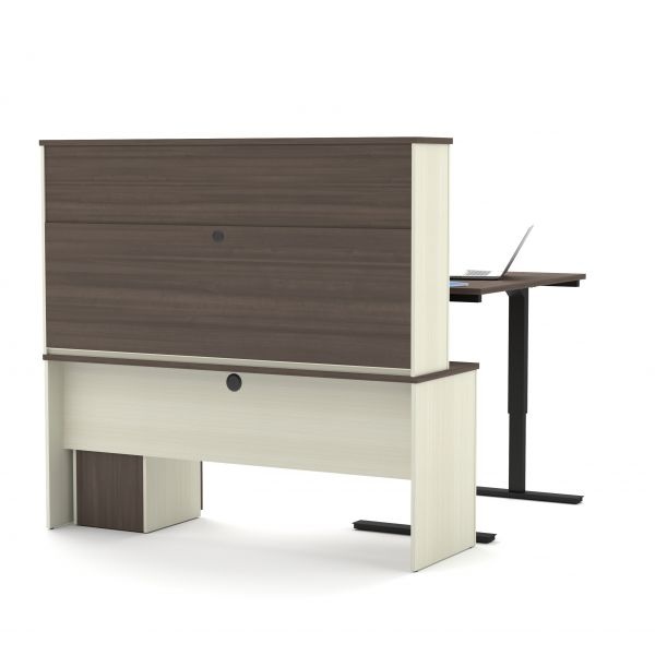 Bestar Prestige + L-Desk With Hutch Including Electric Height Adjustable Table In White Chocolate & Antigua