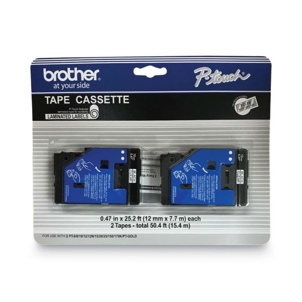 Brother P-Touch Tc Tape Cartridges For P-Touch Labelers, 0.47" X 25.2 Ft, Black On Clear, 2/Pack