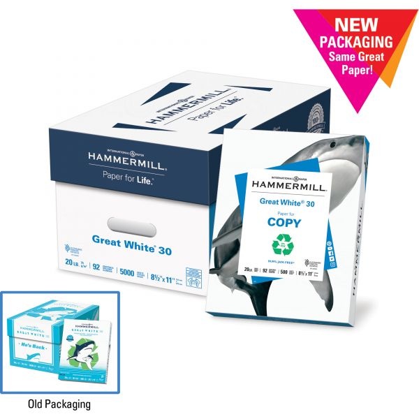 Hammermill Great White Recycled Copy Paper, 92 Brightness, 20 Lb, 8 1/2 X 14, White, 500 Sheets/Ream