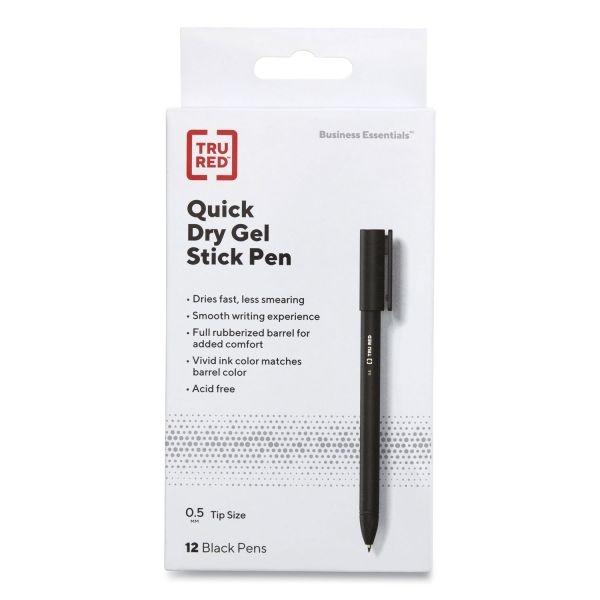 Tru Red Quick Dry Gel Pen, Stick, Fine 0.5 Mm, Black Ink, Black Barrel, Dozen