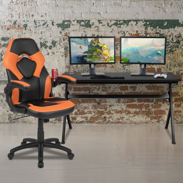 Optis Gaming Desk And Orange/Black Racing Chair Set /Cup Holder/Headphone Hook/Removable Mouse Pad Top - 2 Wire Management Holes