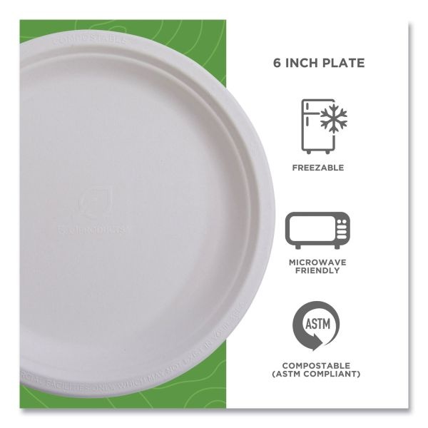 Eco-Products Vanguard Renewable And Sugarcane Plates, 6" Dia, White, 1,000/Carton