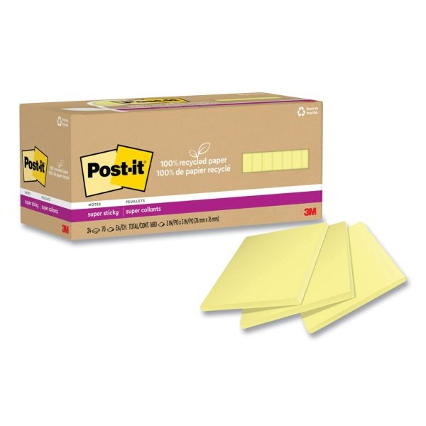 Post-It Notes Super Sticky 100% Recycled Paper Super Sticky Notes, 3" X 3", Canary Yellow, 70 Sheets/Pad, 24 Pads/Pack