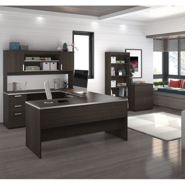Bestar Ridgeley U-Shaped Desk With Lateral File And Bookcase In Dark Chocolate