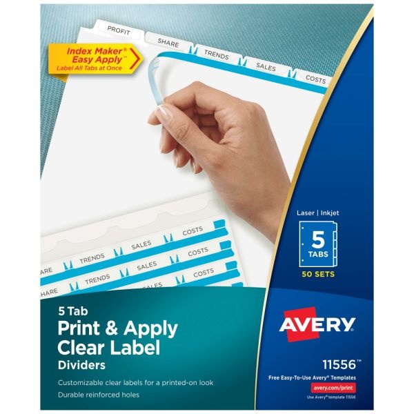 Avery Customizable Index Maker Dividers For 3 Ring Binder, Easy Print & Apply Clear Label Strip, 5 Tab, White, Box Of 50 Sets
