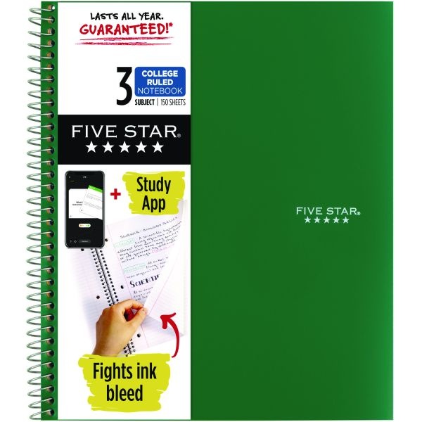 Five Star Wirebound Notebook Plus Study App, 1 Subject, College Ruled, 8 1/2" X 11"
