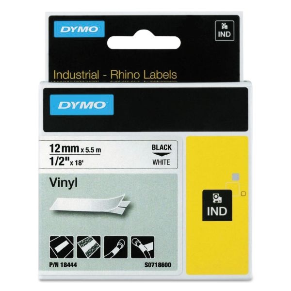Dymo Rhino Permanent Vinyl Industrial Label Tape, 0.5" X 18 Ft, White/Black Print