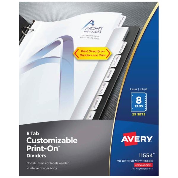 Avery Customizable Print-On Dividers, 8 1/2" X 11", 8 Tabs, White, Pack Of 25 Sets