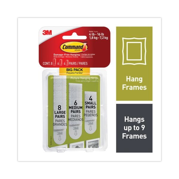 Command Picture Hanging Strips Big Pack, Removable, (4) Small, (6) Medium, (8) Large, White, 18 Pairs/Pack
