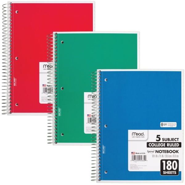 Mead Spiral Notebook, 5-Subject, Medium/College Rule, Randomly Assorted Cover Color, (180) 10.5 X 8 Sheets