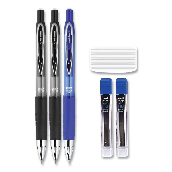 Uniball 207 Mechanical Pencils With Tube Of Lead/Erasers, 0.7 Mm, Hb (#2), Black Lead, Assorted Barrel Colors, 3 Pencils/Set