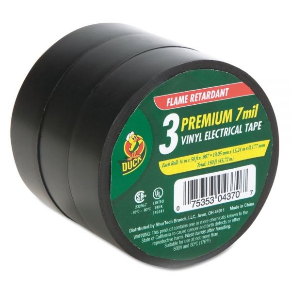 Duck Pro Electrical Tape, 1" Core, 0.75" X 50 Ft, Black, 3/Pack