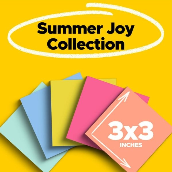 Post-It Super Sticky Notes, 3 In X 3 In, 12 Pads, 90 Sheets/Pad, 2X The Sticking Power, Summer Joy Collection