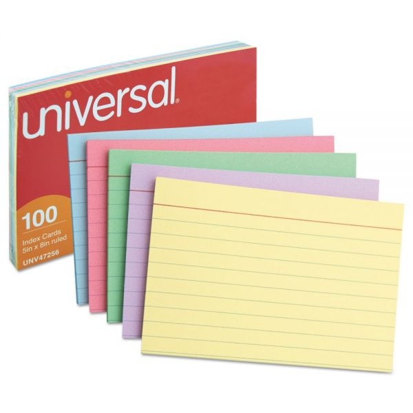 Universal Index Cards, Ruled, 5 X 8, Assorted, 100/Pack