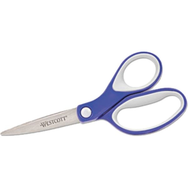Westcott Kleenearth Soft Handle Scissors - 2.25" Cutting Length - 7" Overall Length - Straight - Stainless Steel - Pointed Tip - Blue/Gray - 1 Each