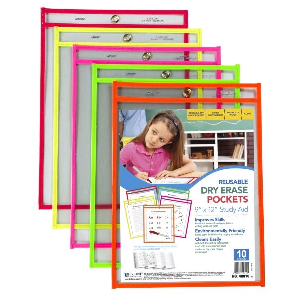 C-Line Reusable Dry Erase Pockets, 9 X 12, Assorted Neon Colors, 10/Pack