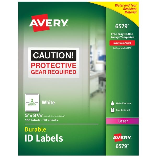 Avery Permanent Durable Id Labels With Trueblock, 6579, Rectangle, 5" X 8-1/8", White, Pack Of 100