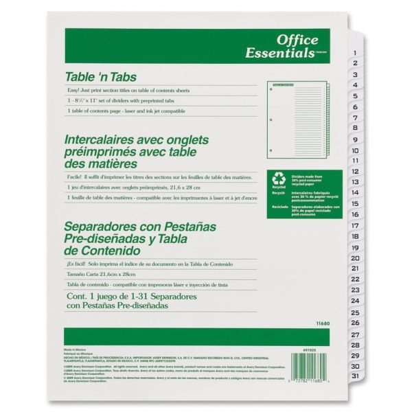 Office Essentials Table 'N Tabs Dividers, 31-Tab, 1 To 31, 11 X 8.5, White, White Tabs, 1 Set