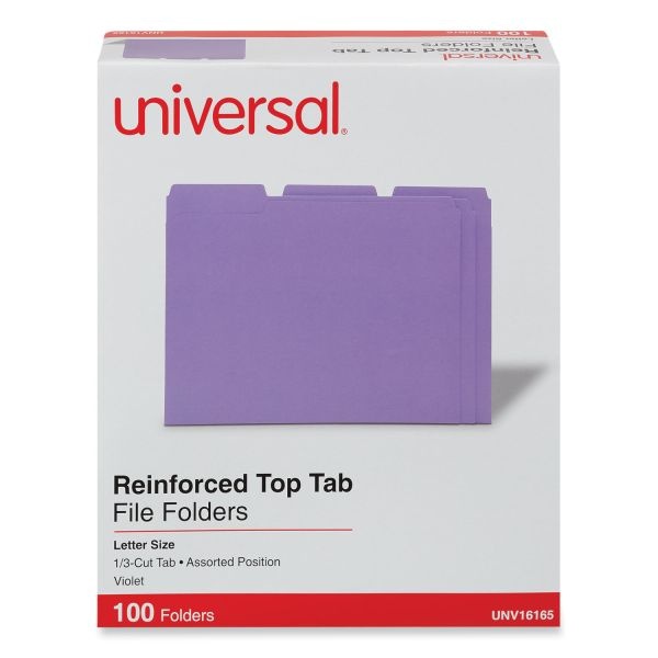 Universal Reinforced Top-Tab File Folders, 1/3-Cut Tabs: Assorted, Letter Size, 1" Expansion, Violet, 100/Box