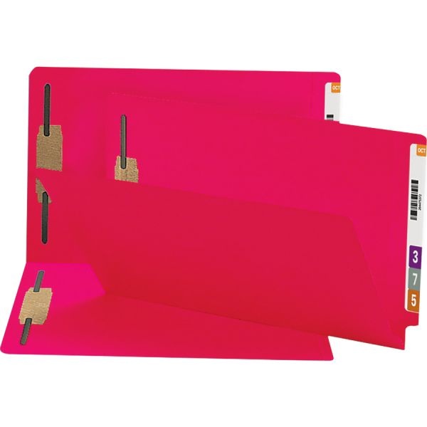 Smead Heavyweight Colored End Tab Fastener Folders, 0.75" Expansion, 2 Fasteners, Legal Size, Red Exterior, 50/Box