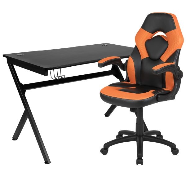 Optis Black Gaming Desk And Orange/Black Racing Chair Set With Cup Holder, Headphone Hook & 2 Wire Management Holes