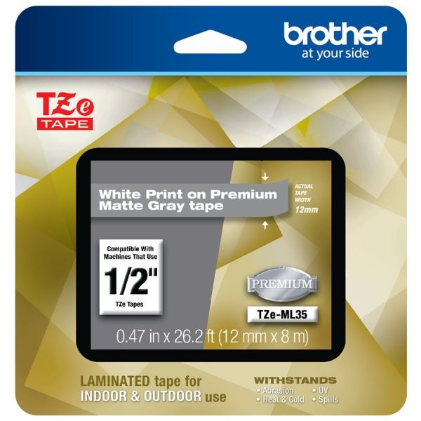 Brother P-Touch Tze-Ml35 White Print On Premium Matte Gray Laminated Tape 12Mm (0.47") Wide X 8M (26.2') Long