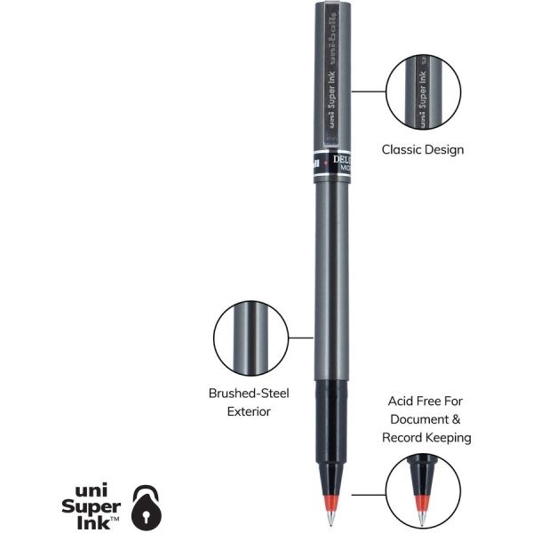 Uniball Deluxe Roller Ball Pen, Stick, Extra-Fine 0.5 Mm, Red Ink, Metallic Gray/Black/Red Barrel, Dozen