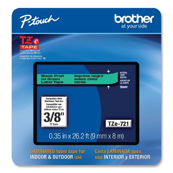 Brother P-Touch Tze Laminated Removable Label Tapes, 0.35" X 26.2 Ft, Black On Green