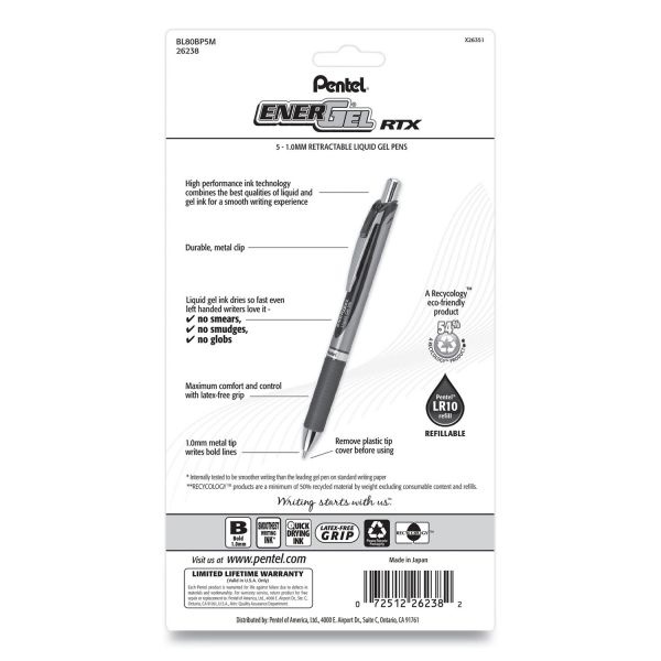 Pentel Energel Rtx Gel Pen, Retractable, Bold 1 Mm, Assorted Ink And Barrel Colors, 5/Pack