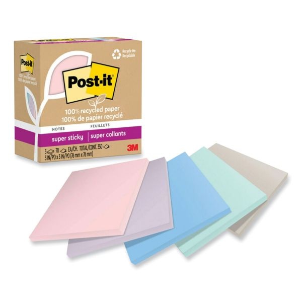 Post-It Notes Super Sticky 100% Recycled Paper Super Sticky Notes, 3" X 3", Wanderlust Pastels, 70 Sheets/Pad, 5 Pads/Pack