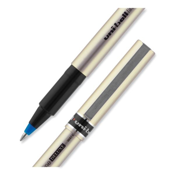 Uniball Deluxe Roller Ball Pen, Stick, Fine 0.7 Mm, Blue Ink, Champagne/Black/Blue Barrel, Dozen