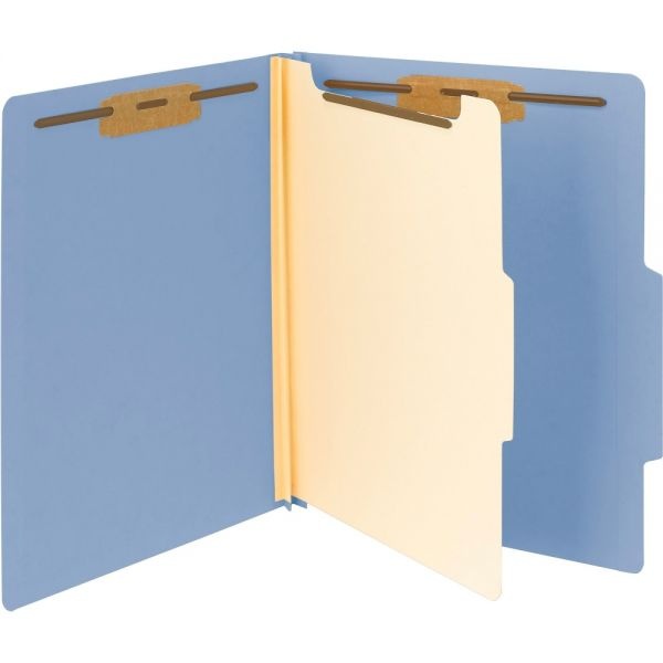 Smead Top Tab Classification Folders, Four Safeshield Fasteners, 2" Expansion, 1 Divider, Letter Size, Blue Exterior, 10/Box