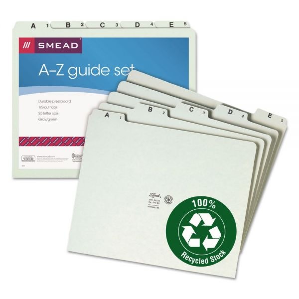 Smead A-Z Pressboard File Guides, 1/5 Cut, Letter Size, 100% Recycled, Green, Set Of 25