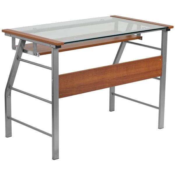 Tremont Glass Computer Desk With Pull-Out Keyboard Tray And Bowed Front Frame