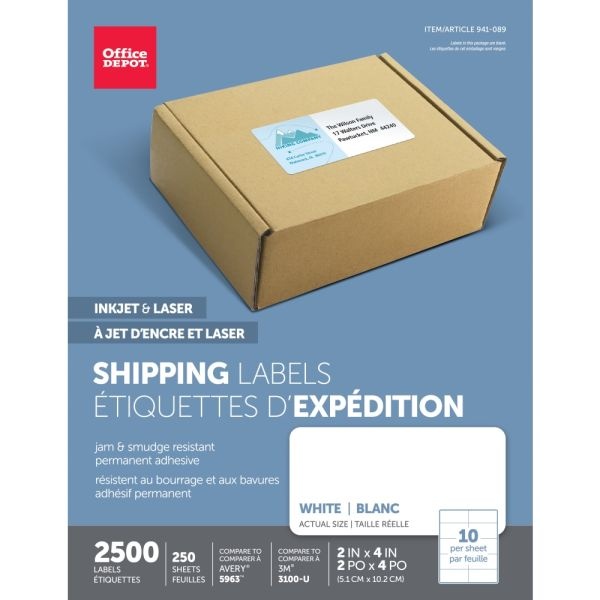Inkjet/Laser Shipping Labels, Rectangle, 2" X 4", White, Pack Of 2500