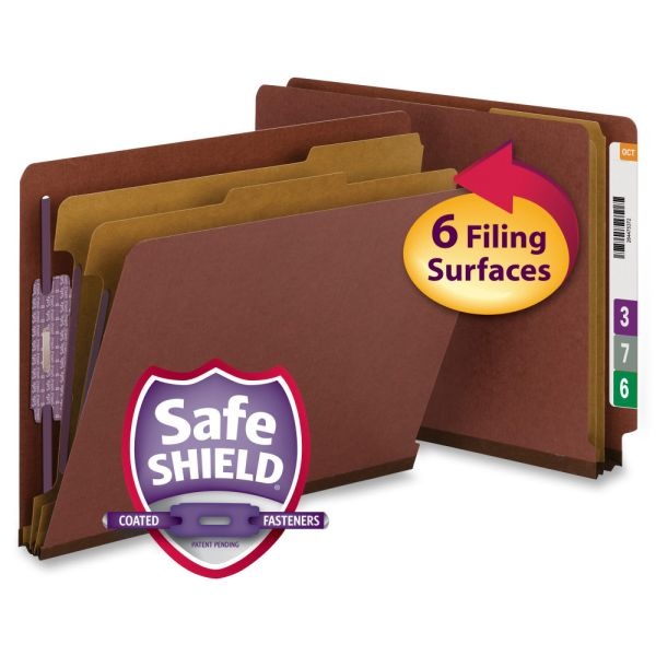 Smead End-Tab Classification Folders With Safeshield Coated Fasteners, Letter Size, Red, Box Of 10