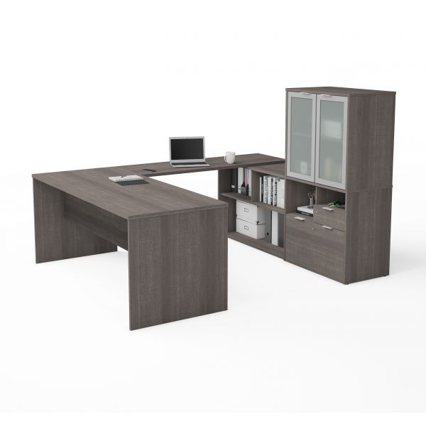 Bestar I3 Plus U-Desk With Frosted Glass Door Hutch In Bark Gray