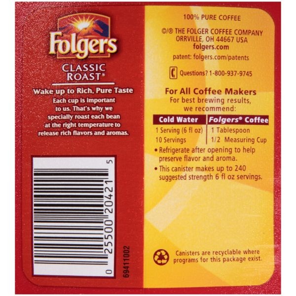 Folgers Coffee, Classic Roast, Ground, Medium Roast, 30.5 Oz Canister Makes 240 Cups, 6 Canisters/Carton