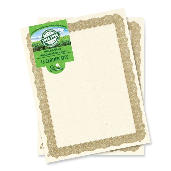 Geographics Tree Free Award Certificates, 8.5 X 11, Natural With Gold Braided Border, 15/Pack