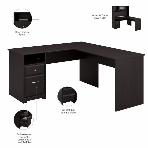 Bush Furniture Cabot 60W L Shaped Computer Desk With Drawers In Espresso Oak