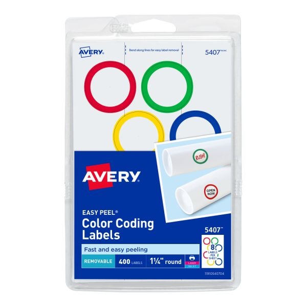 Avery Removable Color-Coding Labels, 5407, Round, 1-1/4" Diameter, Assorted Colors, Pack Of 400