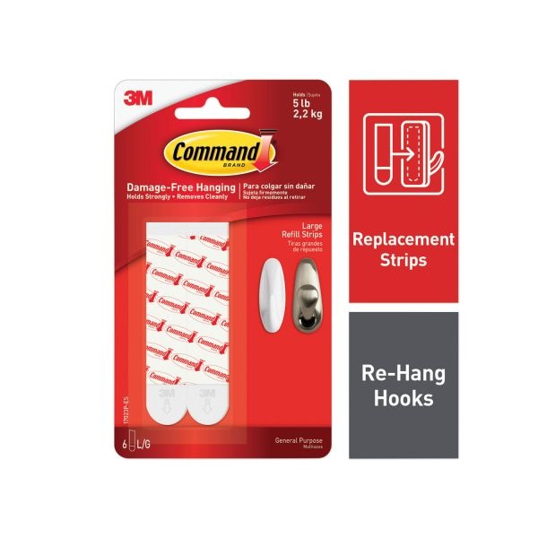Command Refill Strips, Removable, Holds Up To 5 Lbs, 0.75 X 3.65, White, 6/Pack