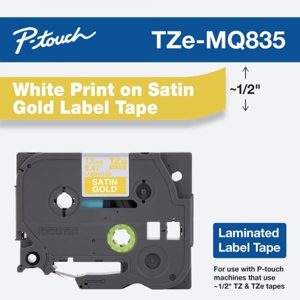 Brother P-Touch Tz Standard Adhesive Laminated Labeling Tape, 0.47" X 16.4 Ft, White/Satin Gold