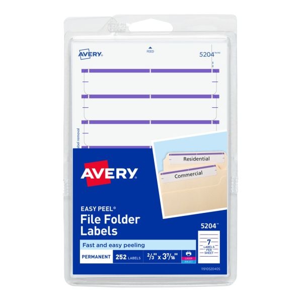 Avery File Folder Labels On 4" X 6" Sheet With Easy Peel, 5204, Rectangle, 2/3" X 3-7/16", White With Purple Color Bar, Pack Of 252 Labels