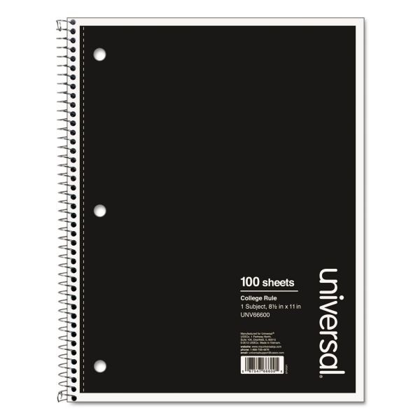 Universal Wirebound Notebook, 1 Subject, Medium/College Rule, Black Cover, 11 X 8.5, 100 Sheets