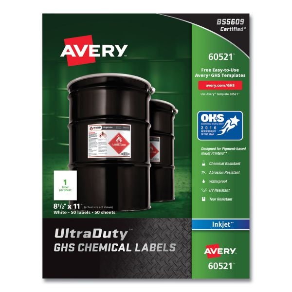 Avery Ultraduty Ghs Chemical Waterproof And Uv Resistant Labels, 8.5 X 11, White, 50/Pack